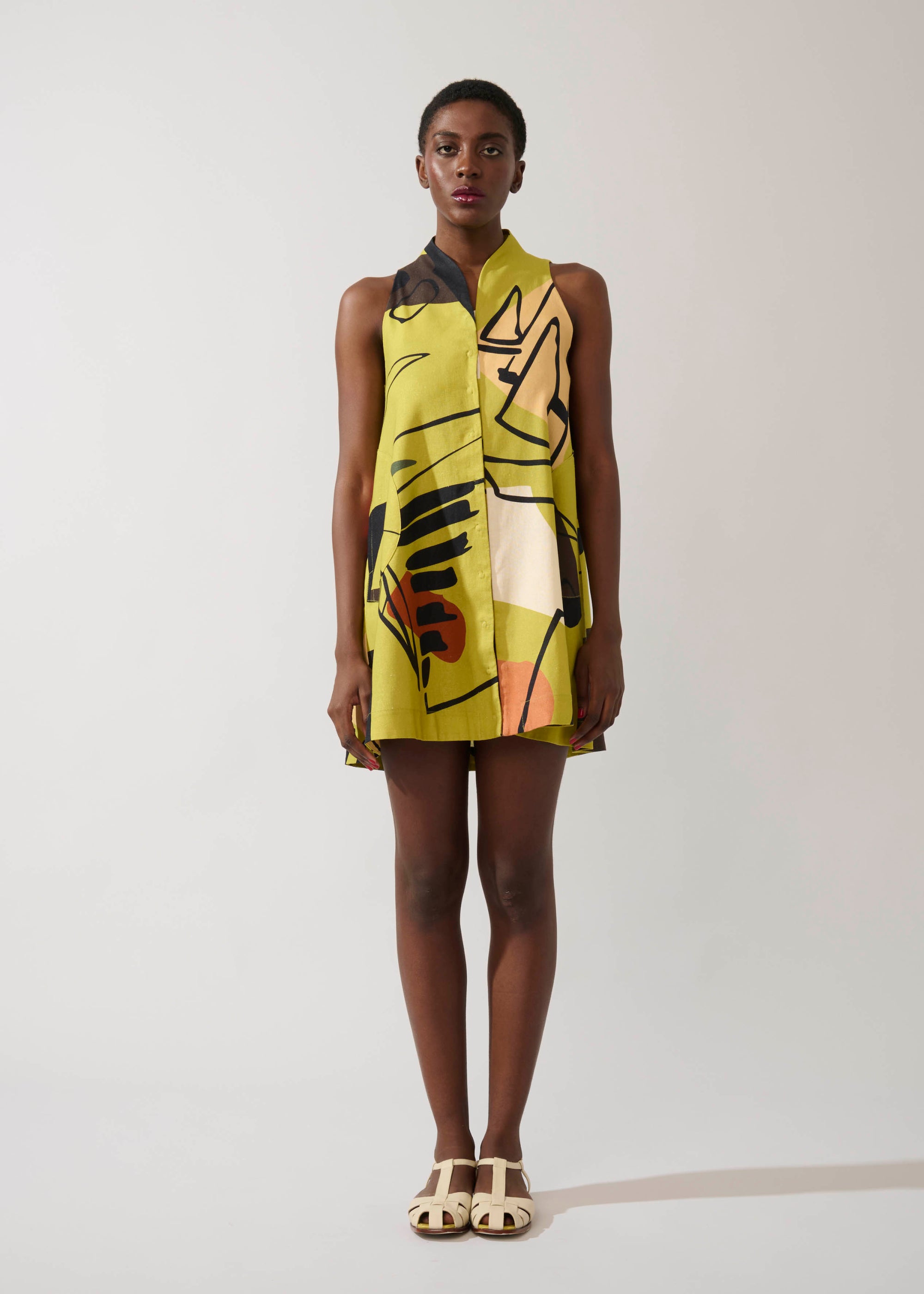 Vestido Trapézio Linho Estampado