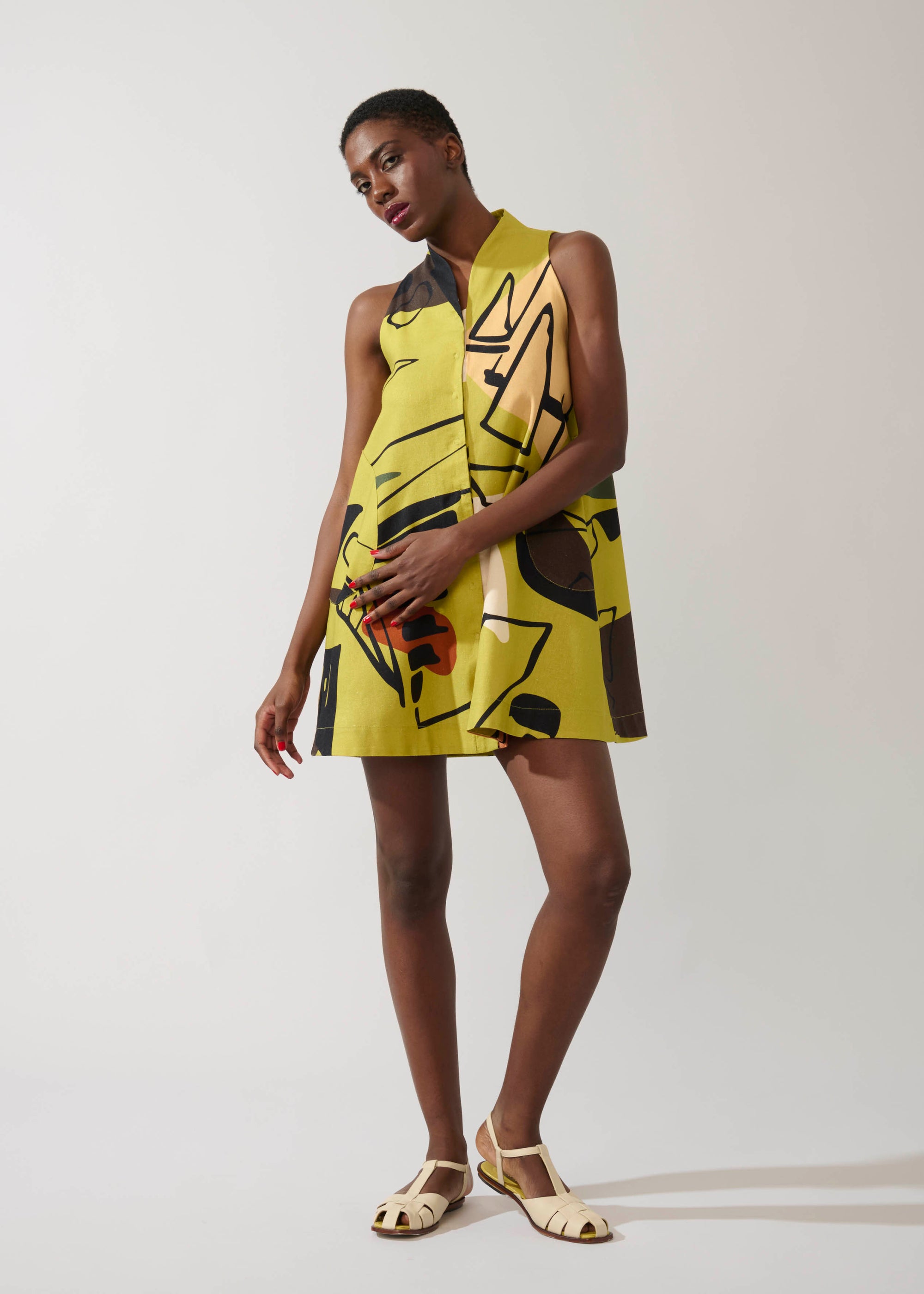 Vestido Trapézio Linho Estampado